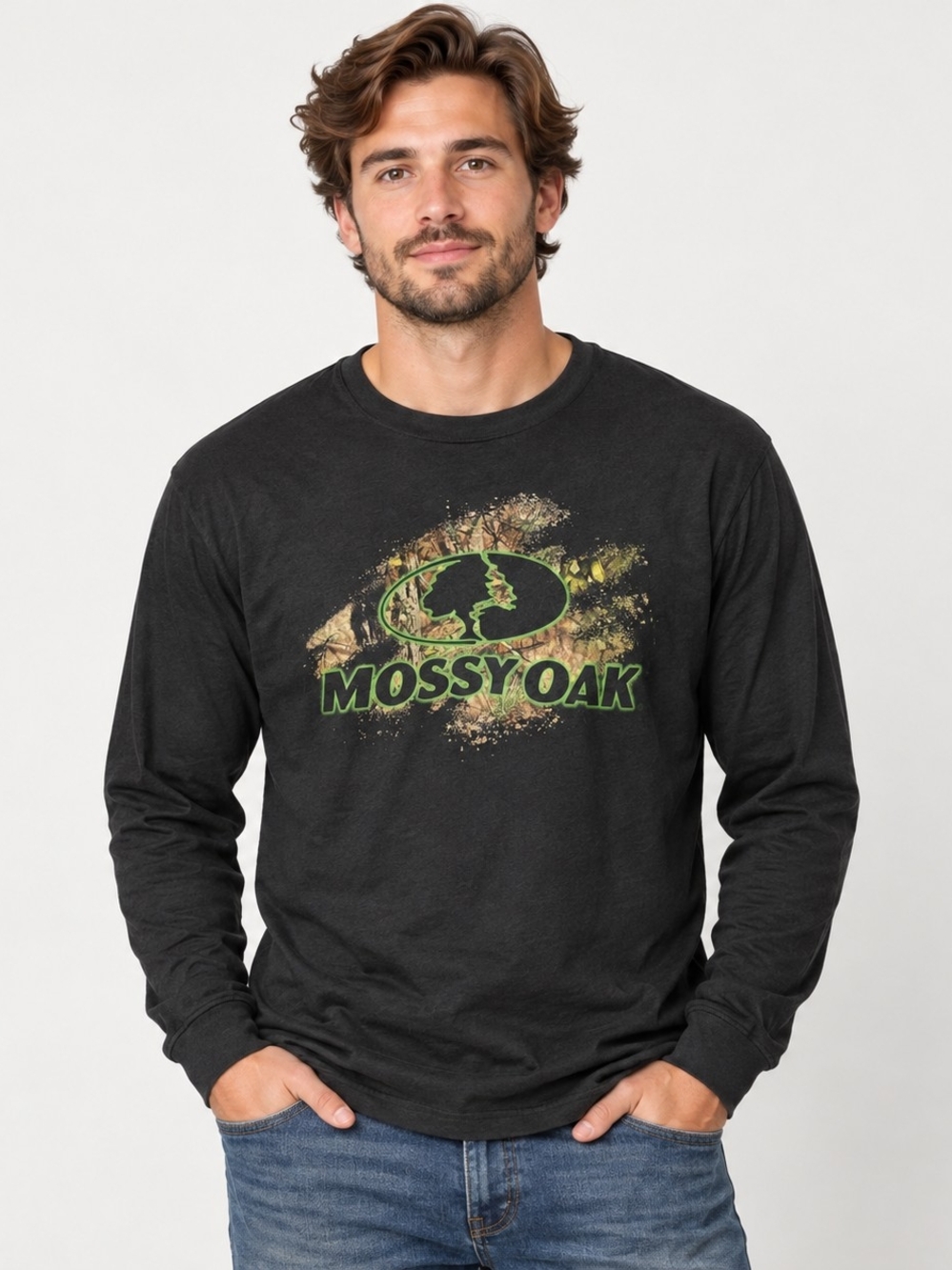 Mossy Oak Large Black Long-Sleeve Tee with Green & Brown Logo